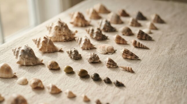 Assorted seashell collection arranged by size on linen