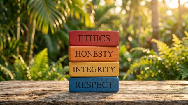 Concept of moral leadership development through ethics, honesty, integrity, and respect on wooden blocks.