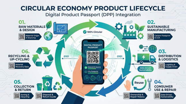 Circular economy product lifecycle diagram with digital passport integration on smartphone supply chain data visualization eco friendly sustainability recycling infographic business