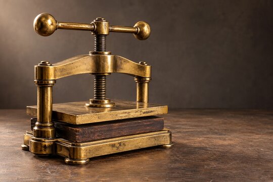Antique brass screw press bookbinding tool on rustic wooden table in warm golden light