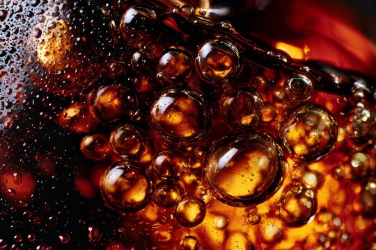 Bubbles rise through amber liquid in a close-up during a pour