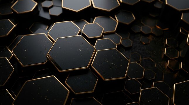Dark luxury background with golden edges and black hexagon mosaic patterns.