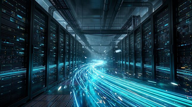 Data server room with glowing blue light trails
