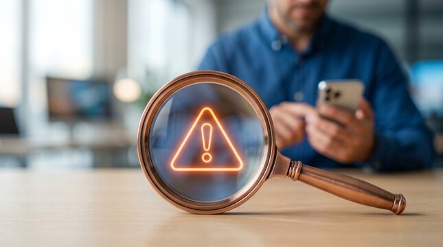 A businessman using a smartphone during an online fraud and system error alert highlighted by a magnifying glass.