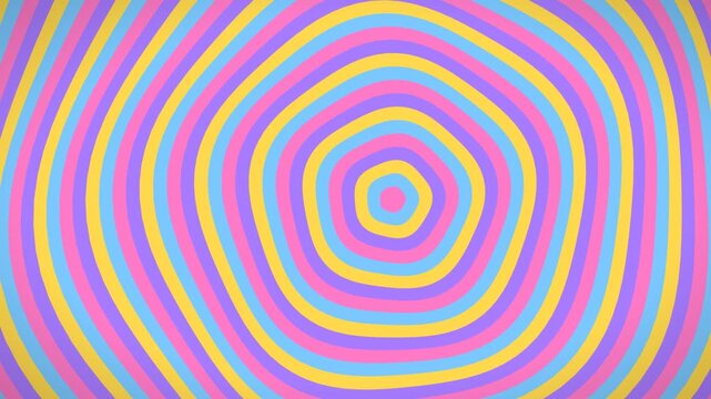 Abstract psychedelic concentric oval pattern in pastel pink blue and yellow colors creating a hypnotic visual effect