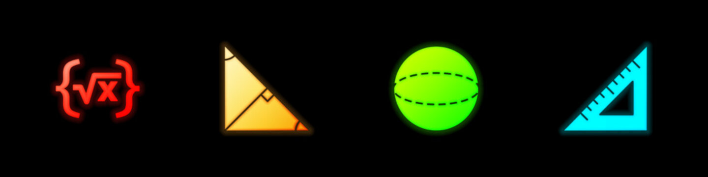 Set Square root of x glyph, Angle bisector triangle, Geometric figure Sphere and Triangular ruler icon. Vector