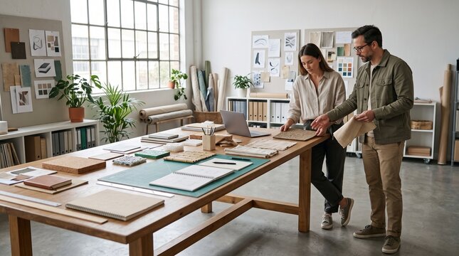 Designers Reviewing Material Samples in a Bright Studio