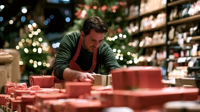 Male shop assistant carefully wrapping holiday gifts at a cluttered counter, surrounded by red boxes and a blurred christmas tree with lights, prepping orders for seasonal shoppers
