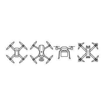 Set of modern quadcopter drone icons in minimalist line art style for technology concepts