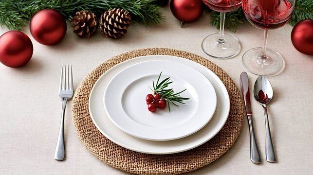 Festive holiday table setting featuring plates, silverware, wine glasses, and a rosemary and cranberry garnish, surrounded by pine branches, red ornaments, and pine cones, creating a cozy atmosphere