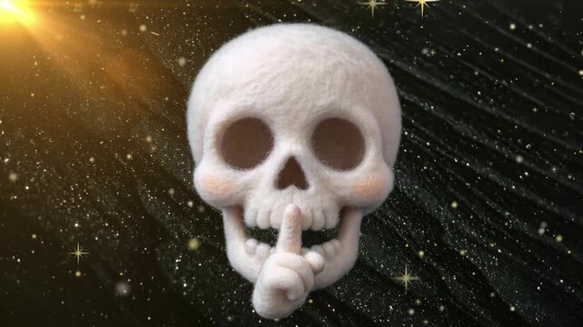 Skull figurine holding a finger to its lips for silence positioned against a dark starry background featuring subtle shimmering particles and a warm light source illuminating the corner.