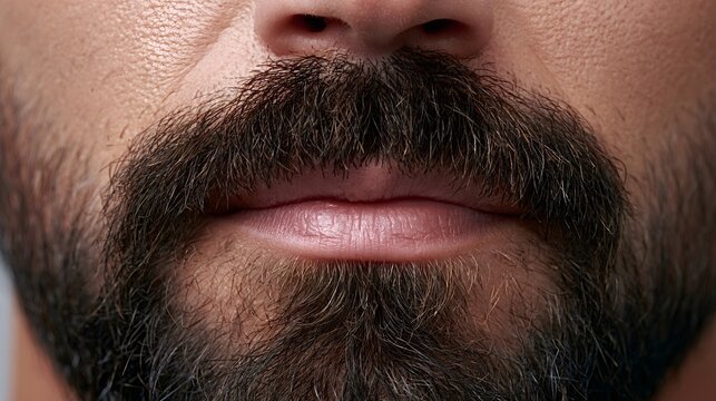 Close up of a man's lower face showcasing dark beard and mustache, textured stubble and groomed lips  masculine grooming, confidence and natural facial hair detail