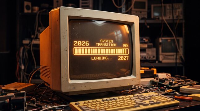 Vintage Computer Monitor with Retro Loading Bar and Year Transition on CRT Screen
