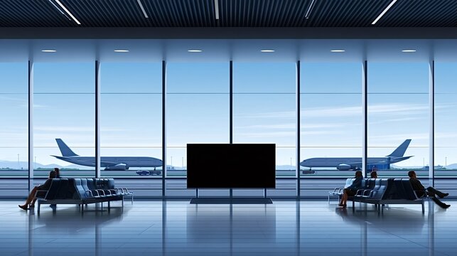Passengers are sitting in an airport terminal waiting area, looking out through large windows at airplanes parked on the runway, anticipating travel and departures