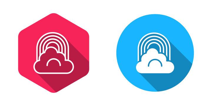 Filled and outline Rainbow with cloud icon isolated with long shadow background. Vector