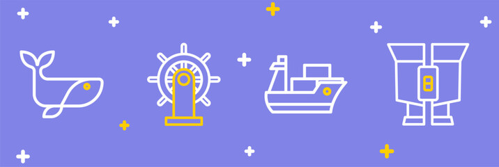 Set line Binoculars, Cargo ship, Ship steering wheel and Whale icon. Vector © Iryna