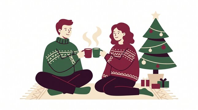 Couple in Christmas sweaters drinking hot cocoa by the tree
