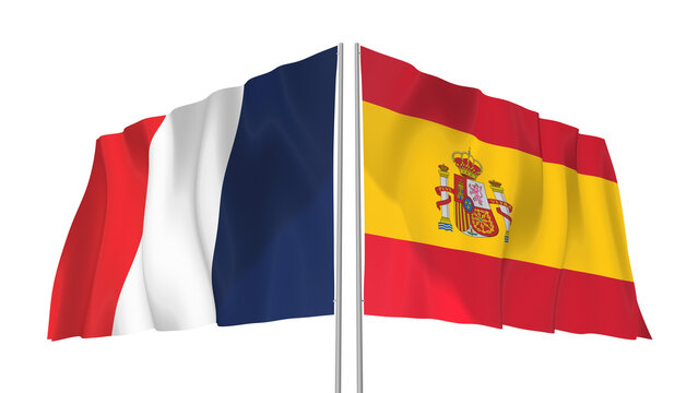 France and Spain flags waving with transparent alpha png background