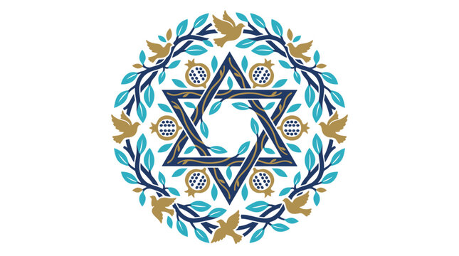 Jewish Star of David wreath with doves and pomegranates