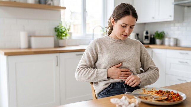 woman sitting at a kitchen table after eating, holding her bloated stomach and unbuttoning tight jeans with a pained expression, plate of leftover food in a bright modern kitchen at home