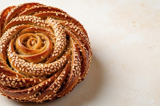 Close up of traditional Moroccan chebakia pastry with sesame seeds. Sweet honey glazed dessert shaped like rose on beige background. Golden brown Arabic snack for Ramadan celebration. Tasty oriental