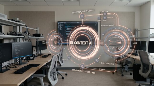 Holographic display illustrates in-context AI data processing, real-time decisions, and adaptive learning in a modern tech office