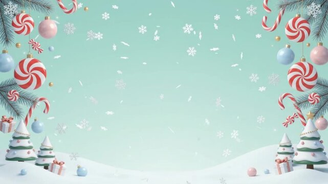 A cheerful pastel Christmas scene with candy canes, snowflakes, ornaments, and tiny trees surrounding an open space.