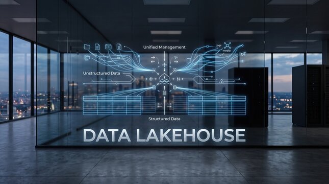 Advanced Data Management System Visualized Holographically in a Modern Office Environment, Depicting Intricate Data Architecture for Unified Business Intelligence and Strategic Decision-Making