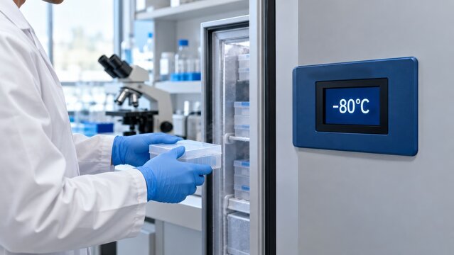 Researcher beside a laboratory freezer displaying minus eighty degrees