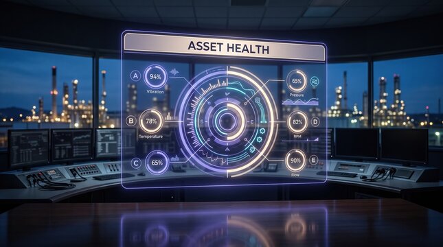 High-tech control room with a glowing holographic display visualising critical industrial asset health and operational data for real-time monitoring and predictive maintenance