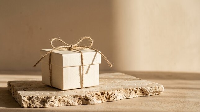 Minimalist eco-friendly gift box tied with natural jute twine bow displayed on rough travertine stone slab under warm sunlight for organic packaging, holiday, and sustainable branding concept.