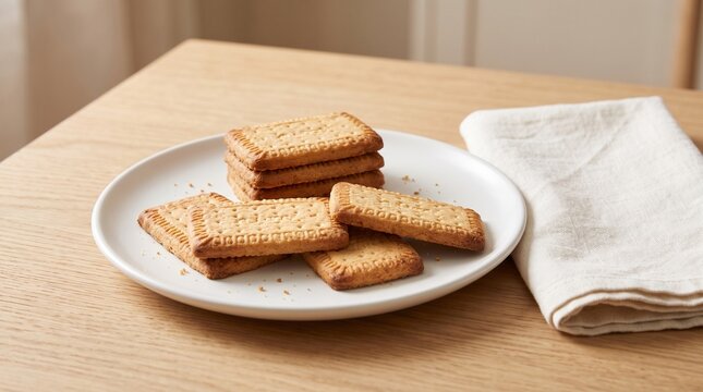 Crispy golden rectangular tea biscuits stacked on a white ceramic plate over a light wooden tabletop next to a folded linen napkin for cozy breakfast snack concepts