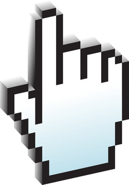 Three dimensional pixel art white hand pointer cursor with index finger pointing up on transparent background
