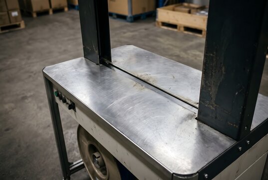 Industrial strapping machine with steel guide arch and tensioning roller