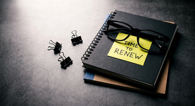 Time to renew sticky note on notebook with glasses and binder clips