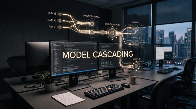 Augmented reality display in a modern office showcasing intricate data processing flows and cascading machine learning models, symbolizing advanced AI development and system architecture