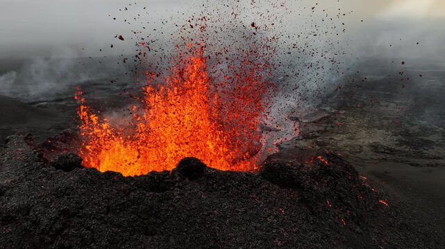 Active Volcanic Crater Erupting Molten Lava Fountain with Smoke and Ash Cloud Field