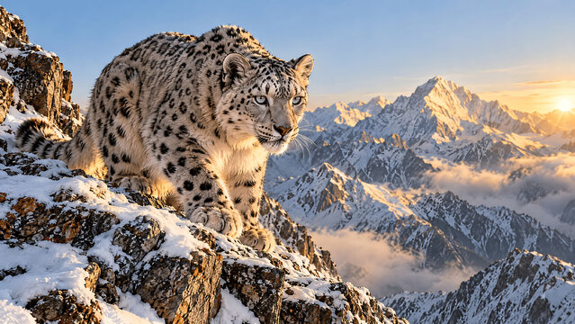 Snow leopard walking on rocky snowy mountain ledge with sunrise in