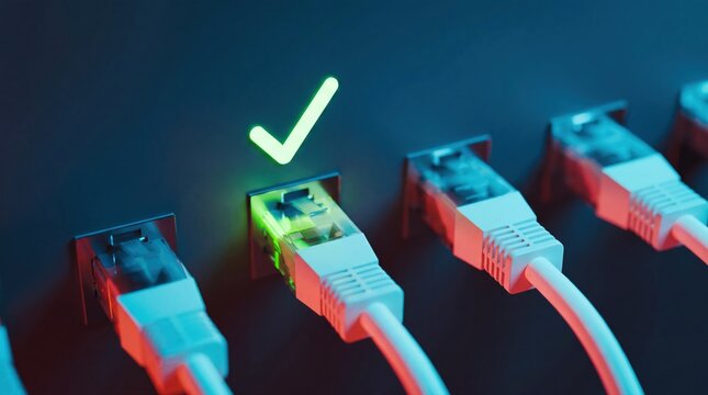 Ethernet cable connection, glowing checkmark network port switch