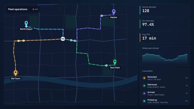 Live fleet tracking map dashboard with delivery routes seamless loop
