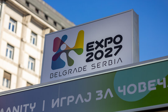 EXPO 2027 Promotional Stand with "Play for Humanity" Slogan on Republic Square, Belgrade