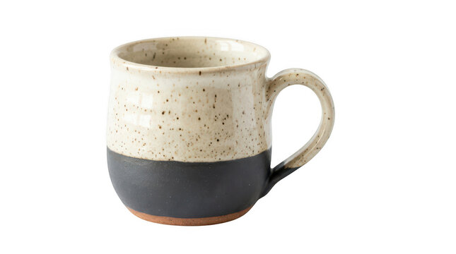 Handmade ceramic coffee mug with speckled beige top and dark grey bottom isolated on transparant background