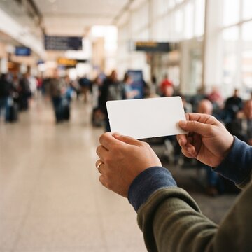 Traveler holding blank ticket or boarding pass in airport terminal with blurred crowd and signs