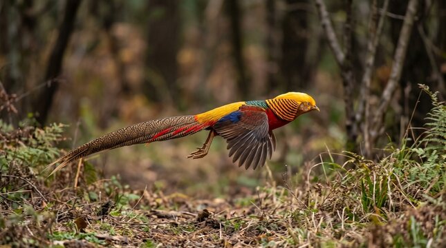 Pheasant flying low through autumn woodland with long tail feathers trailing behind