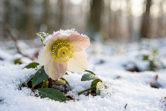Hellebore flower blooms proudly through a pristine blanket of fresh winter snow in the woods.