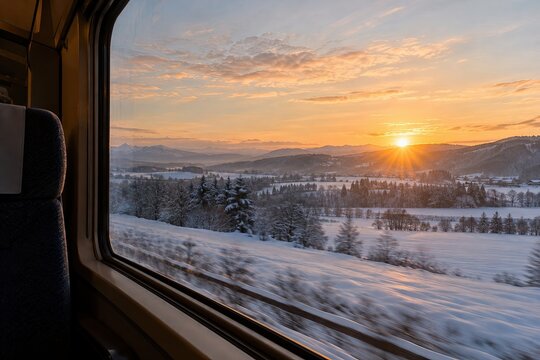 Train window revealing a snowy winter landscape during a scenic sunset journey across the countryside.