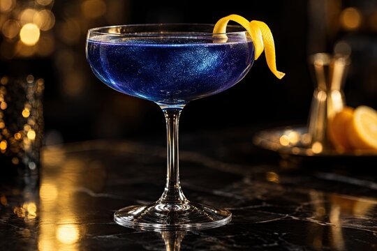 Cocktail served in a coupe glass with blue shimmering liquid and a lemon peel garnish on a dark bar counter with warm ambient lighting.