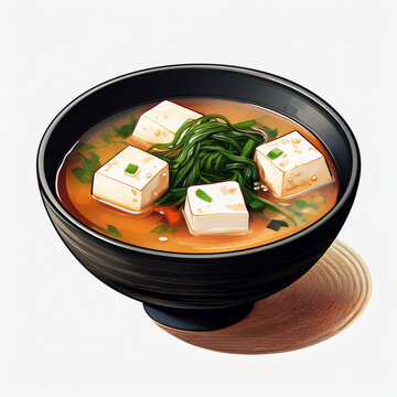 Bowl of miso soup with tofu and wakame - Japanese food isolated on white