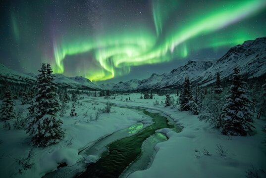 Aurora borealis glows with vibrant green light across the night sky above a winding frozen river surrounded by snowy pine trees.