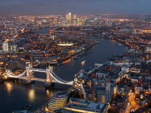 Europe, UK, England, London, Tower Bridge river thames aerial dusk